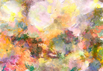 Pretty oil painting abstraction. Print art for wall decor. Impressionism style spring collection. Chaotic conceptual brush strokes on canvas. Warm colors background for rich creative graphic design.
