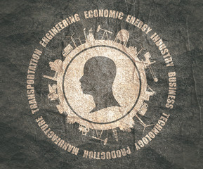 Circle with industry relative silhouettes and head icon. Objects located around the circle. Industrial design background.