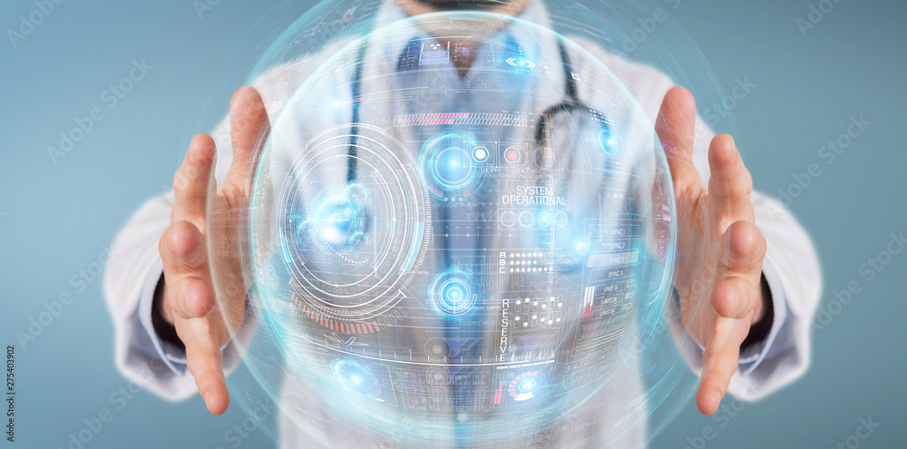 Fototapete scientist using digital technological interface with datas 3d rendering