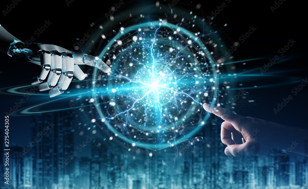 Fototapete Robot hand and human hand touching digital sphere network on dark background 3D rendering