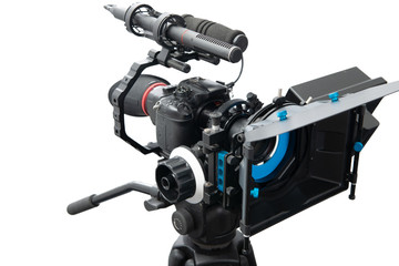 slr video camera rig isolated on white background