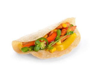 Tasty fresh taco on white background