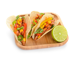 Plate with tasty fresh tacos on white background