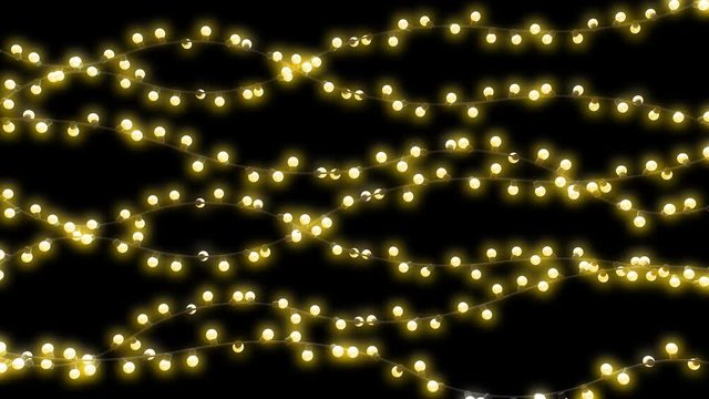 Realistic garlands, festive decorations. Glowing and blinking christmas lights isolated on black background with alpha channel. Colorful 3d animation.