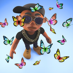 Peace loving black hiphop rapper surrounded by butterflies, 3d illustration