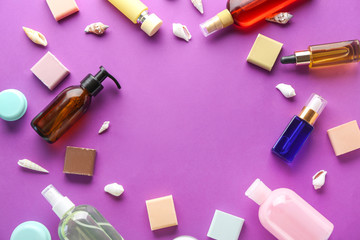 Different cosmetics for personal hygiene on color background