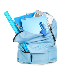Fototapeta School backpack with stationery on white background obraz
