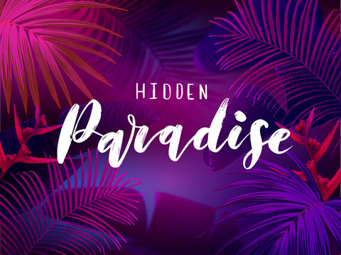 Dark blue and violet neon tropical design with palm leaves and 3d lettering. Summer night vector illustration.