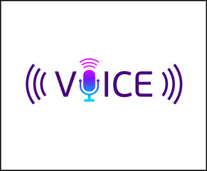 Music logotype with text - Voice. The microphone sign in the purple word. Modern stylish logo. Vector illustration.