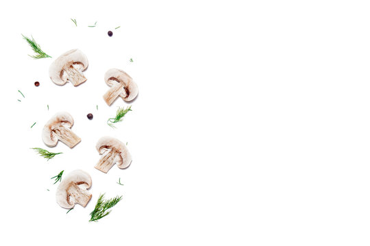 Champignons, close-up, isolated on white background. Top view