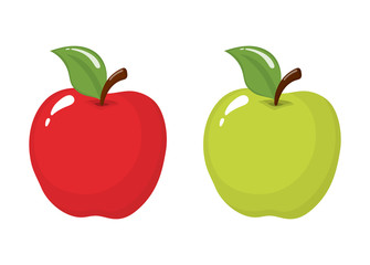 Set of red and green apples isolated on white background. Organic fruit. Cartoon style. Vector illustration for any design.