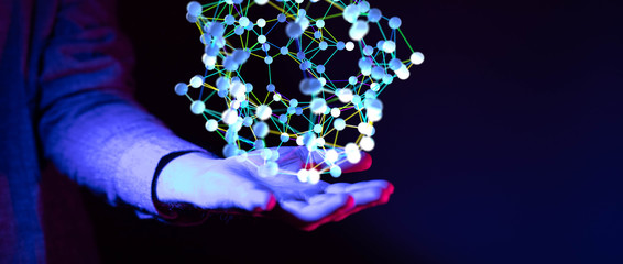 Abstract futuristic - Molecules technology with polygonal shapes on dark blue background.