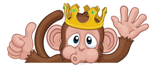 Naklejka premium A monkey king cartoon character animal wearing a crown peeking over a sign and waving giving a thumbs up