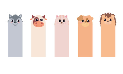 Set of bookmarks for children's books in cartoon style, vertical cards with animals: wolf cow cat dog hedgehog © Костенко