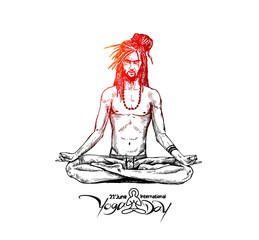 Yoga Guru Baba Looking for Inner Peace. Hand Draw Sketch Vector Illustration.