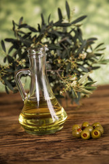 Olive oil, olive tree and green olives, bottles of olive oil