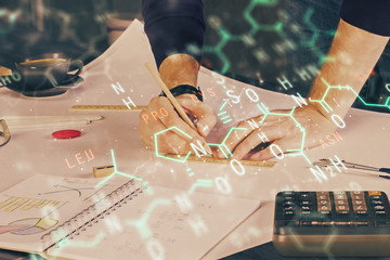 Student or teacher with mathematical and scientific formulas. Concepts of education.