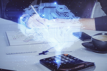 Haman brain multi exposure icon with man hands background.