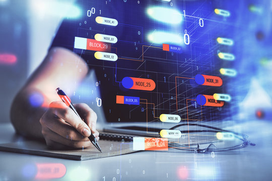 Multi exposure of woman's writing hand on background with data technology hud. Concept of innovation. - Powered by Adobe