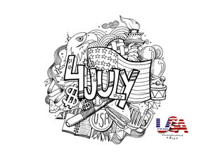 Happy USA Independence Day 4 th July. Greeting card and poster Design - Hand Draw Sketch Vector Illustration.