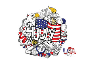 4th of July - American Flag with eagel Independence Day, Hand Drawn Sketch Vector illustration.