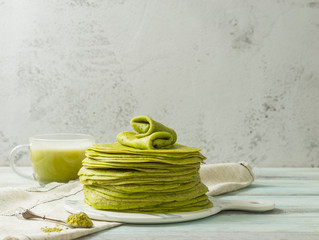 Matcha green tea with matcha green crepes