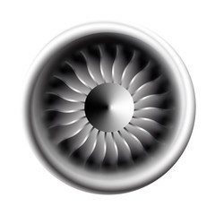 Turbine engine jet for airplane with fan bladesin a circular motion. Vector illustration for aircraft industry. Close-up on a white