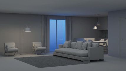 Modern house interior. Night. Evening lighting. 3D rendering.
