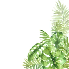 Rolgordijnen Monstera achtergrond met groene tropische bladeren aquarel