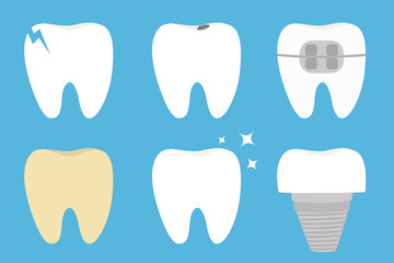 Teeth set. Cracked, broken, healthy yellow white ill tooth dental implant prosthesis, braces. Shining star. Cute cartoon kawaii icon. Oral dental hygiene. Baby background. Flat design