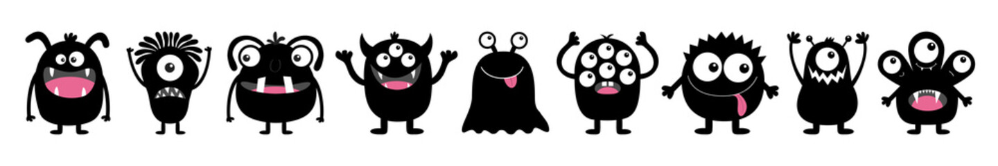 Fototapeta Monster black round silhouette icon set line. Happy Halloween. Eyes, tongue, tooth fang, hands up. Cute cartoon kawaii scary funny baby character. White background. Flat design. obraz