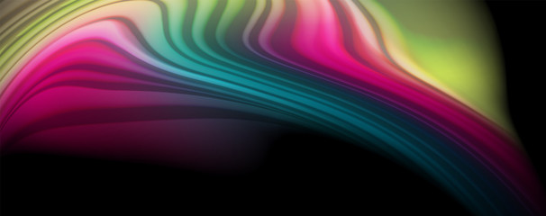 Abstract wave lines fluid rainbow style color stripes on black background. Artistic illustration for presentation, app wallpaper, banner or poster