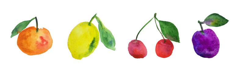 abstract hand painting tangerine, lemon, cherry and plum with leaves, watercolor fruit collection isolated on white © lena.livaya