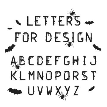 Grunge Halloween letters with splatters for october night party. Ink typeface for creepy flyer. Dirty lettering font. Vector hand written alphabet.