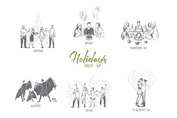 Holidays, christmas, birthday, thanksgiving, halloween, valentine day concept sketch