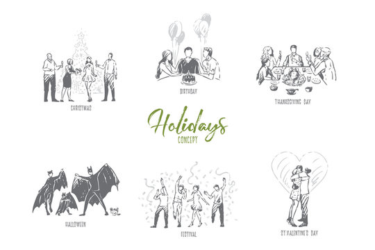 Holidays, christmas, birthday, thanksgiving, halloween, valentine day concept sketch