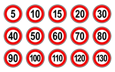 Vector high quality flat style collection set of generic speed limit signs with black number and red circle - usable for metaphor communication in business field