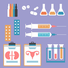 Medicaments set illustrations. Pills, tubes and pharmacy, Blood sample, Syringes. Clipboards with uterus and kidneys. Healthcare services, Therapist in uniform with stethoscope. Online doctor