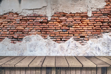 Empty top wood shelves and old brick wall texture background. product display template