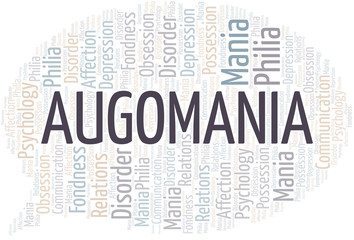 Augomania word cloud. Type of mania, made with text only.
