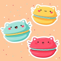 Hand drawn vector illustration of a kawaii funny macarons with cat earsand face. Isolated objects on background. macaroon cakes. Design for cafe menu, children print, sticker, poster