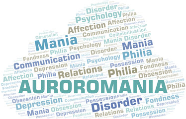 Auroromania word cloud. Type of mania, made with text only.