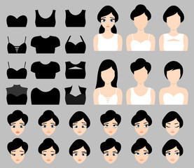 Beautiful brunette vector girl constructor set with clothes, hairstyles and facial expressions. Character design vector isolated elements, interchangeable and full editable 