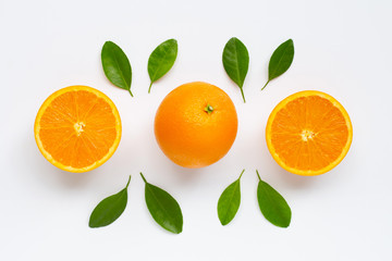 Fresh orange citrus fruit with leaves isolated on white background.