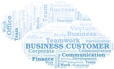 Business Customer word cloud. Collage made with text only.