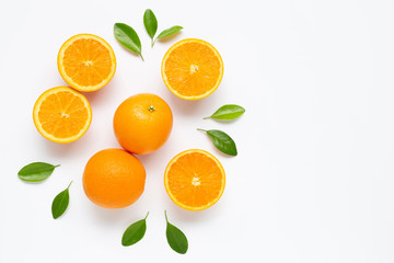 Fresh orange citrus fruit with leaves isolated on white background.