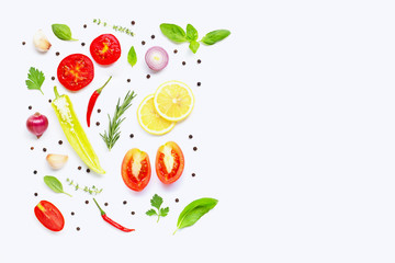 Various fresh vegetables and herbs on white background. Healthy eating concept