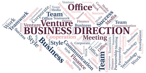 Business Direction word cloud. Collage made with text only.