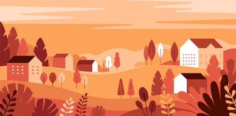 Vector illustration in simple minimal geometric flat style - autumn city landscape