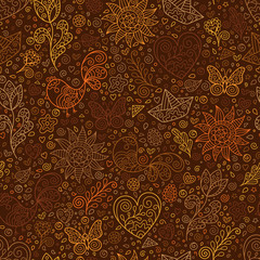 Spring Seamless Pattern with Contour Heart, Sun, Flower, Bird, Leaf, Boat on Brown Backdrop.